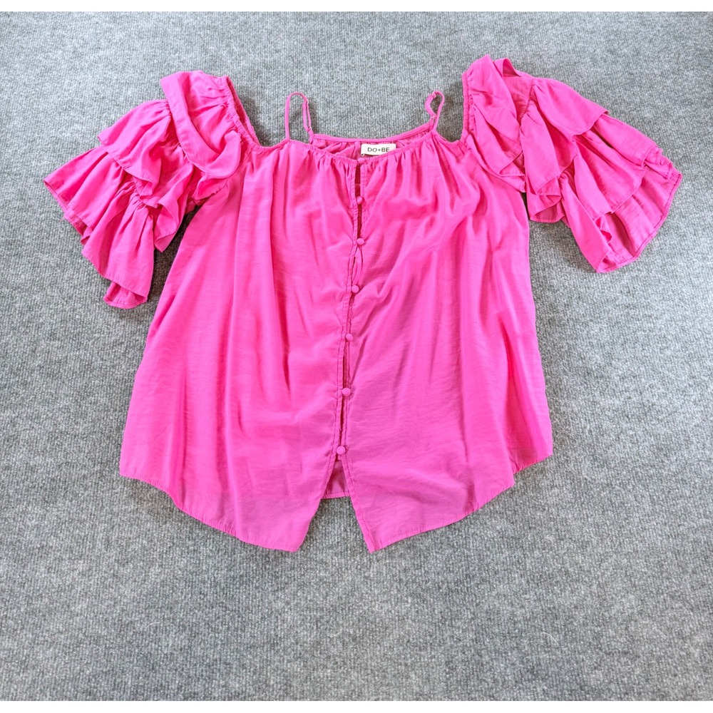 DO+BE Womens Hot Pink Cold Shoulder Ruffle Sleeve Button Front Blouse Small